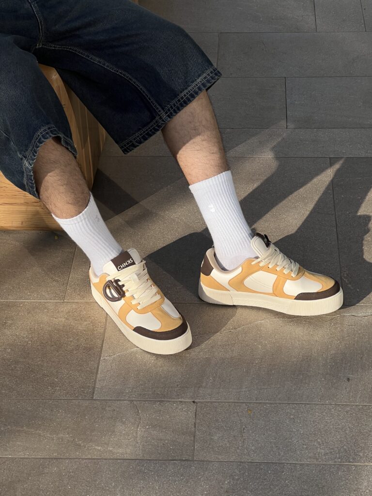 CHNKS 002 sneakers in Butterscotch worn with white socks and denim – all-day comfort and street style design for men and women, 2025 collection