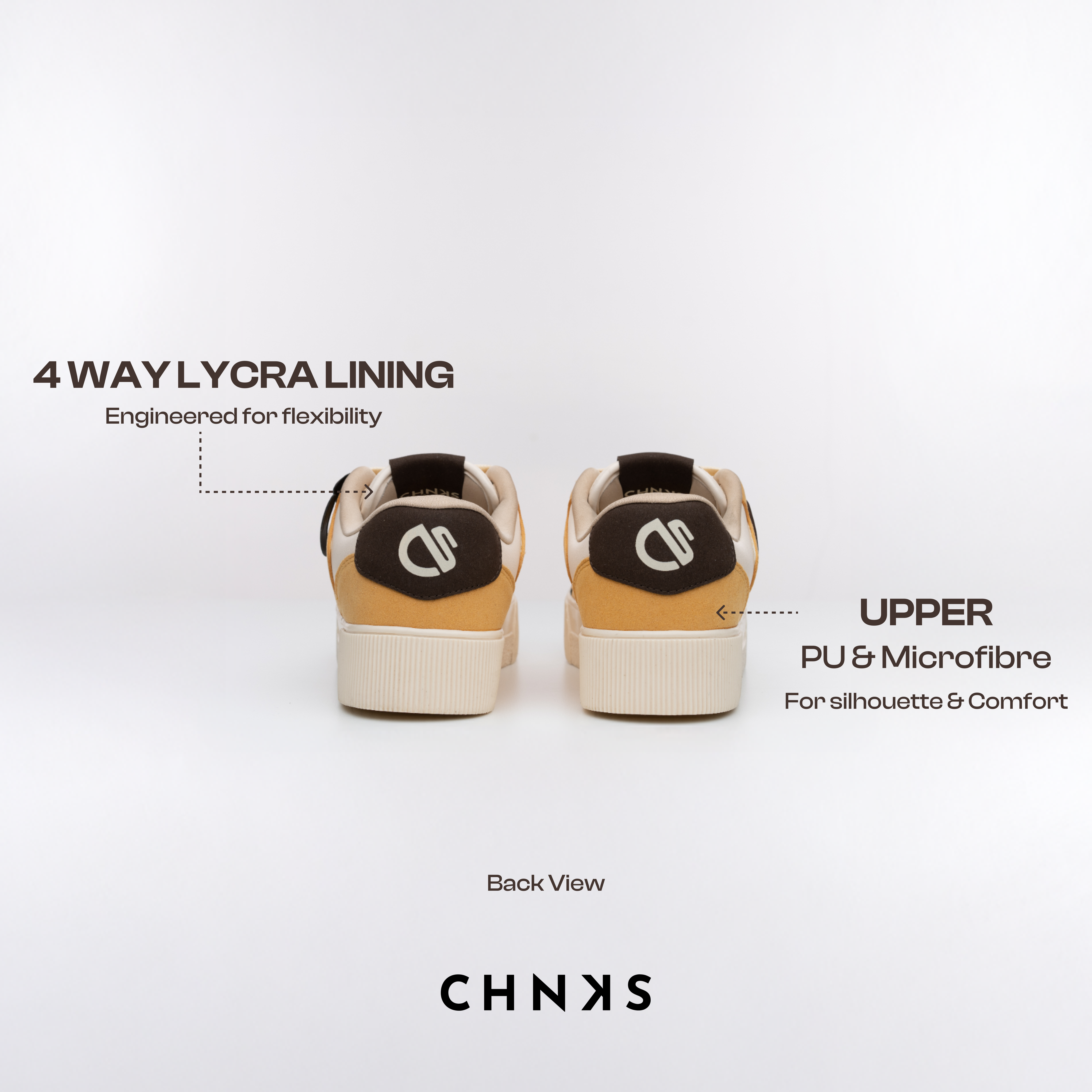 Back view of CHNKS 002 sneakers in Butterscotch -4-way Lycra lining, PU and microfibre upper for comfort and silhouette, homegrown sneaker brand for men and women