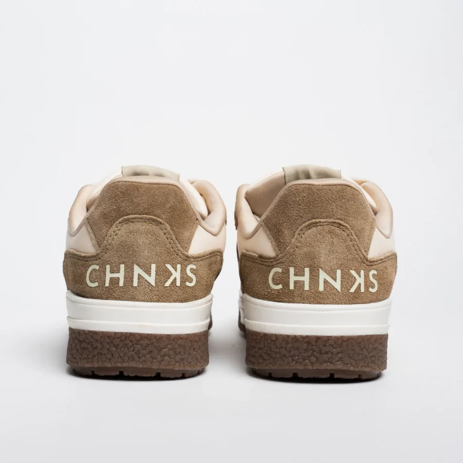 Back view of Dunescape CHNKS sneakers showing CHNKS logo – beige and tan men’s sneakers India