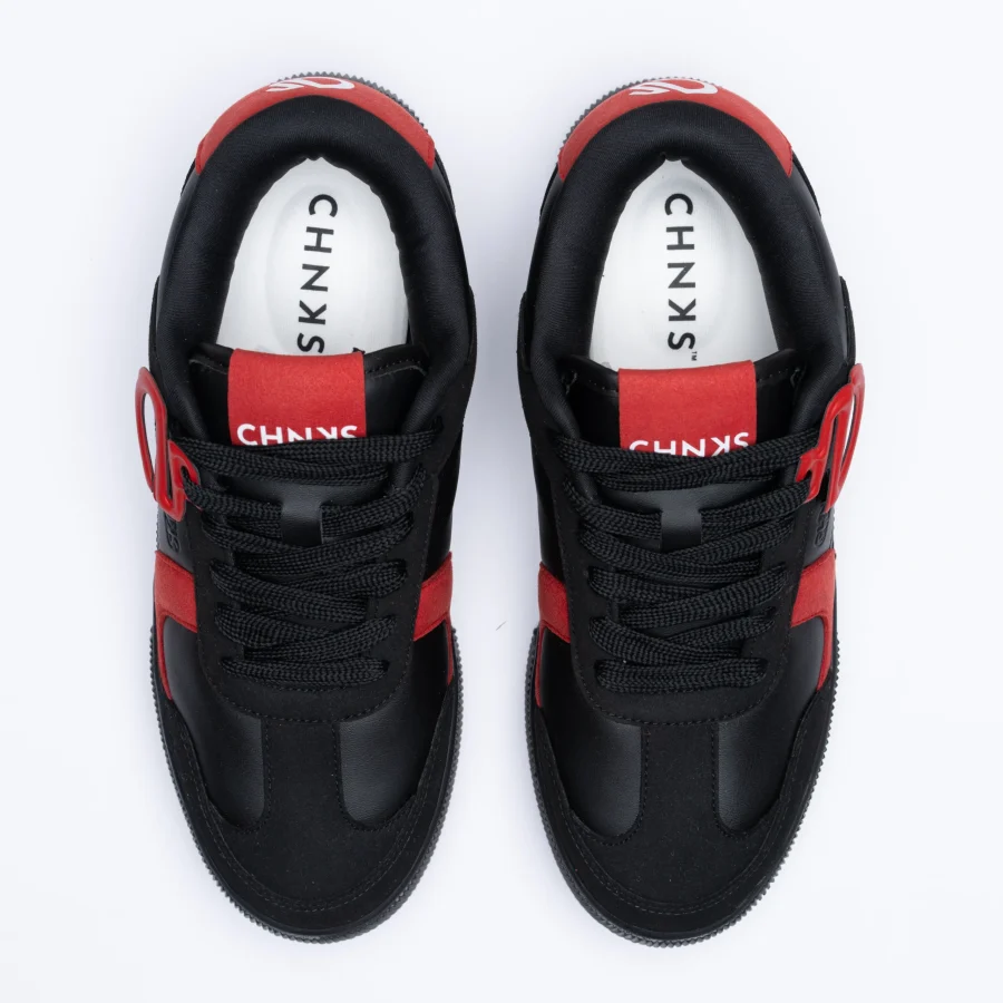Top view of Vinyl CHNKS sneakers – breathable mesh upper in black and red