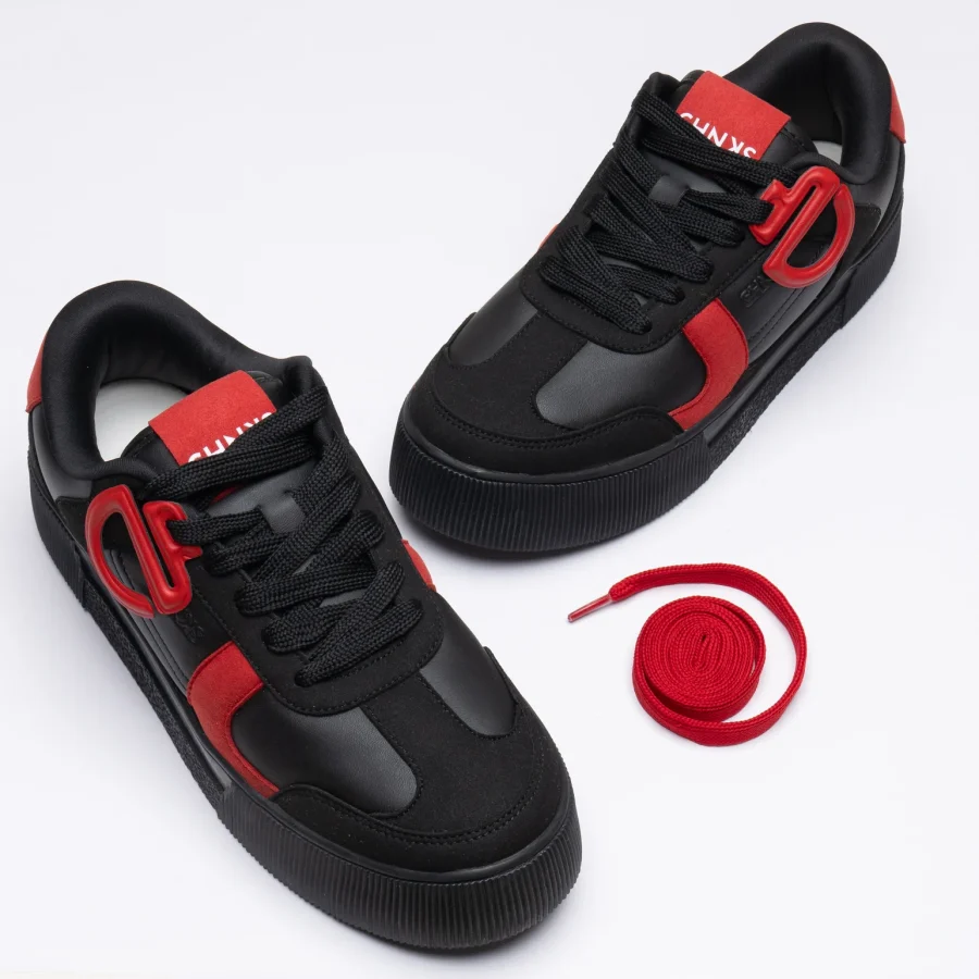 Front view of Vinyl CHNKS sneakers – modern toe design in black and red